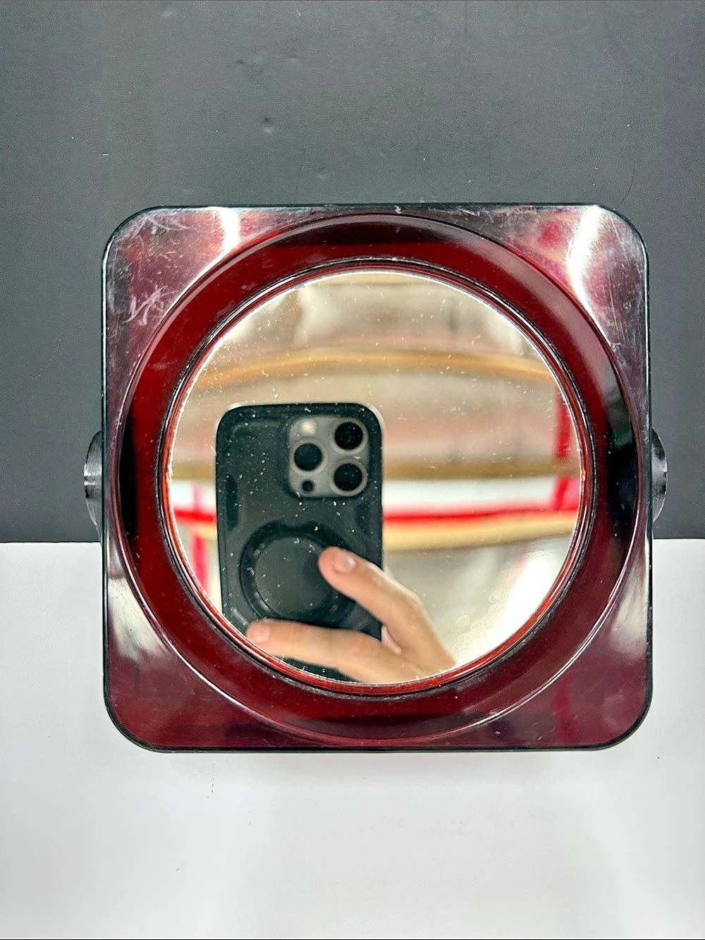 Vintage 1970s Burgundy Lucite Acrylic Vanity Mirror Adjustable Space Age